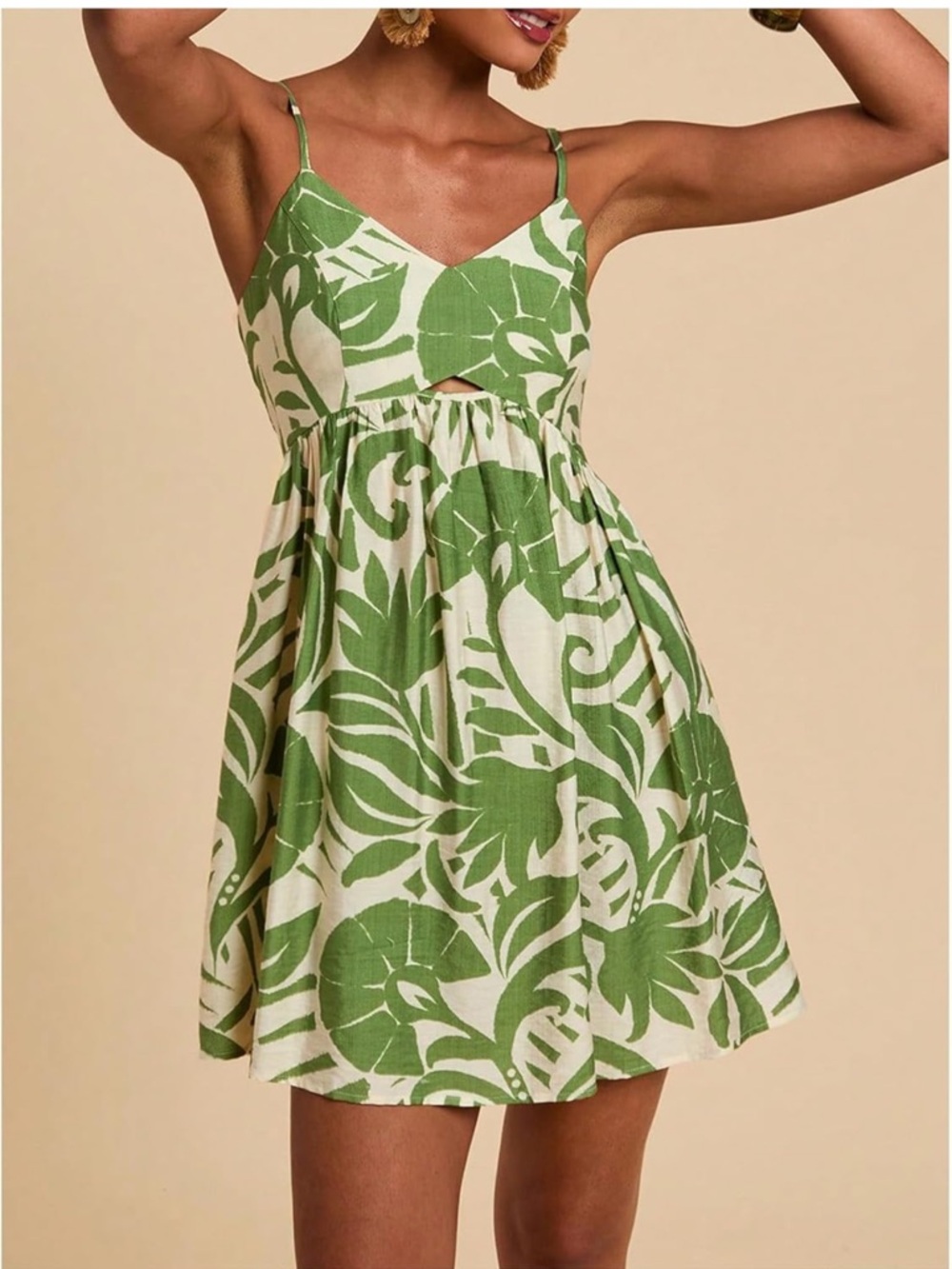 Green Tropical Print Spaghetti Strap Mini Dress- SMALL